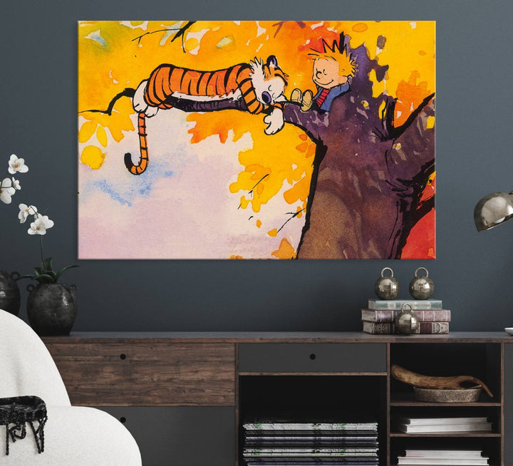 Premium canvas Calvin Wall Arts featuring a boy and tiger relaxing on a branch.