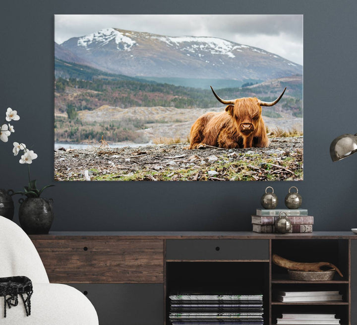 Highland Cow Horn Farm Wall Art Canvas Print is displayed against a wooden wall featuring a mountainous backdrop.