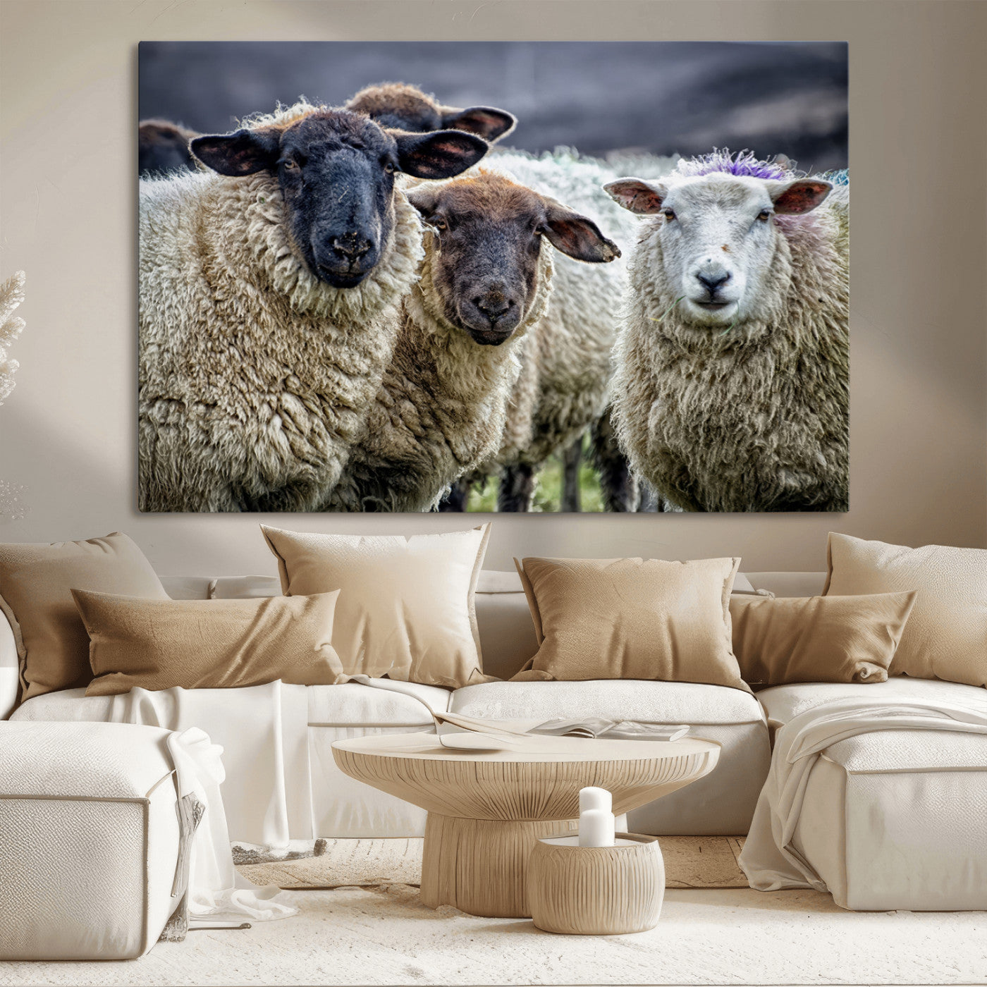 18418-MGV-CV-36X24-Charming Sheep Portrait Wall Art – Trio of Woolly Companions Canvas Print, Framed, Ready to Hang