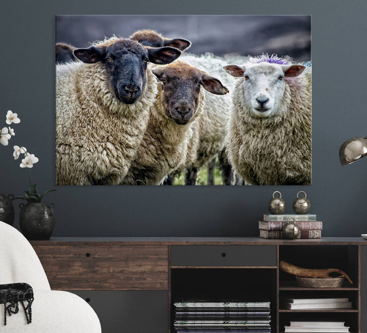 The Charming Sheep Portrait Wall Art hangs on a wooden wall.