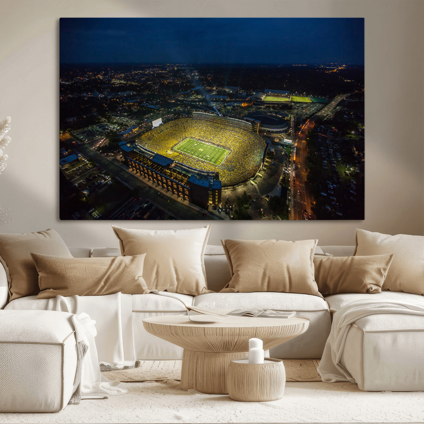 MGV-CV-36X24 - Michigan Stadium Night Game Wall Art – Sports Arena Aerial View Canvas Print, Framed, Ready to Hang