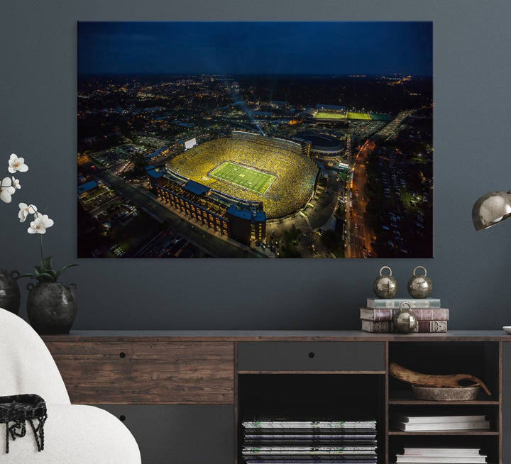 Aerial view of Michigan Stadium nightlife on canvas – Framed, ready-to-hang sports arena wall art.