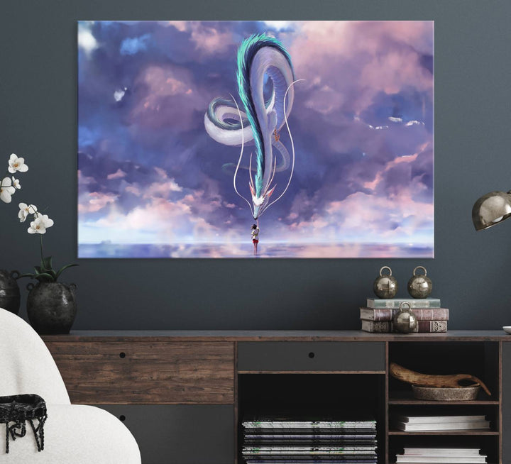 The Spirited Away Haku and Chihiro poster captures a cherished scene for anime lovers under a colorful, cloudy sky.