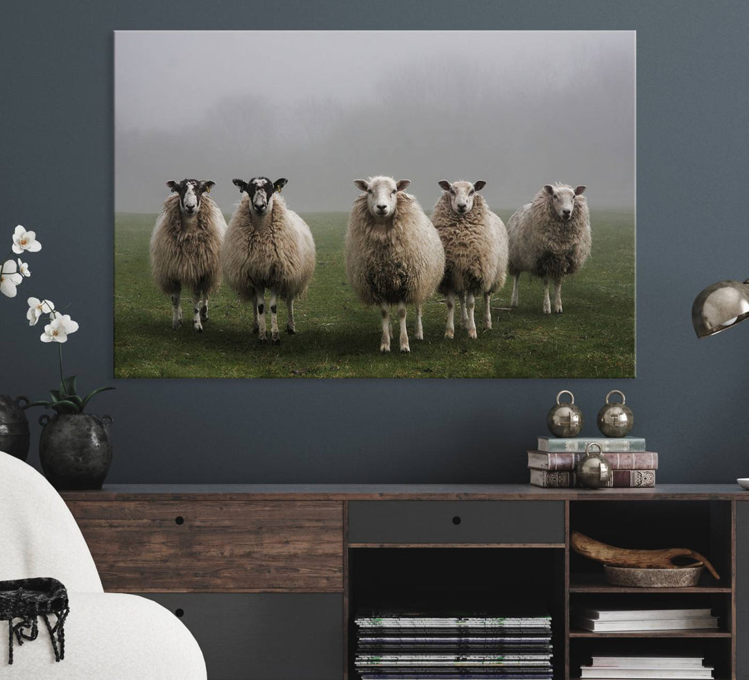 The Flock of Sheep in a Mystical Fog canvas print is framed and ready to hang.