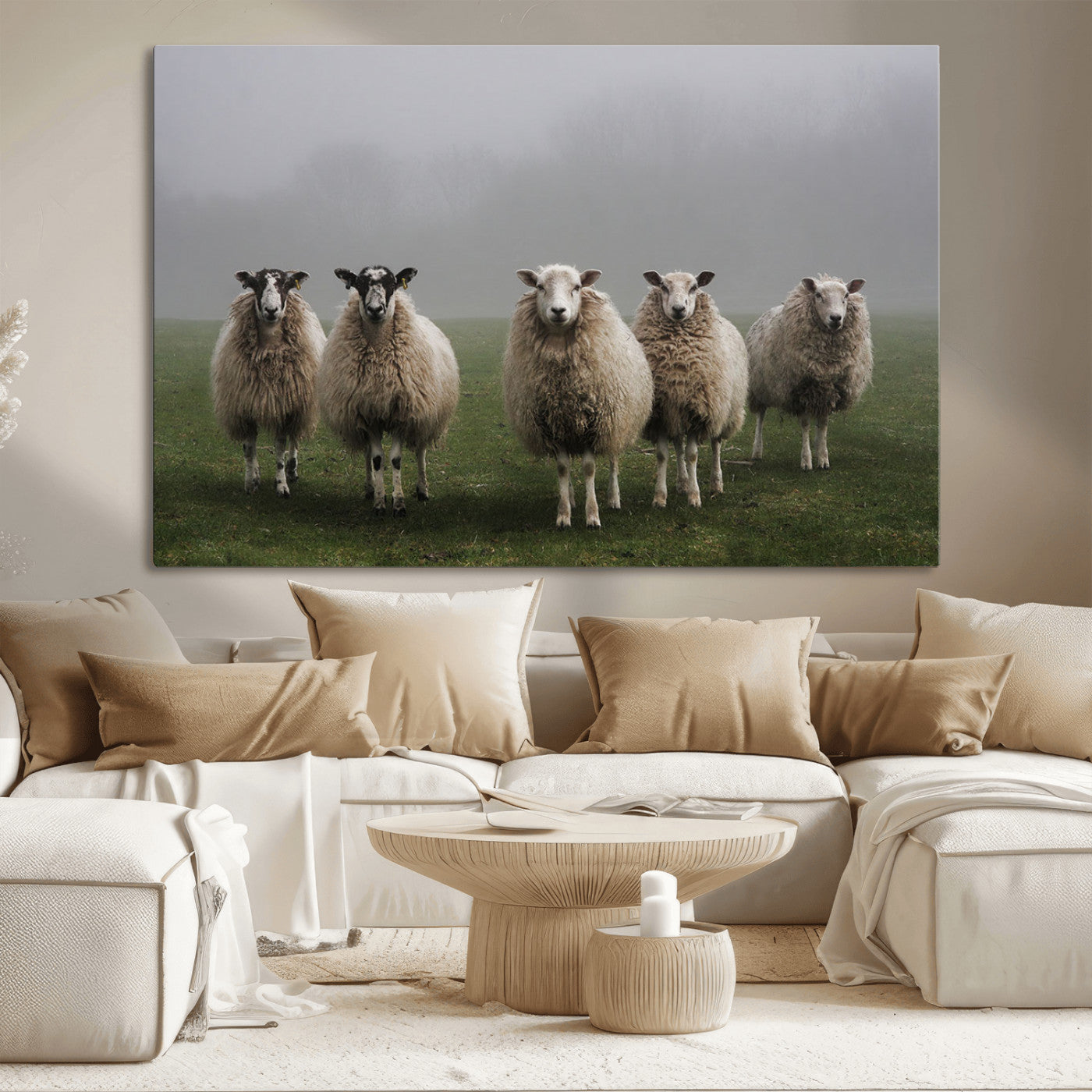 87339-MGV-CV-36X24-Flock of Sheep in a Mystical Fog – Pastoral Wall Art Canvas Print, Framed, Ready to Hang