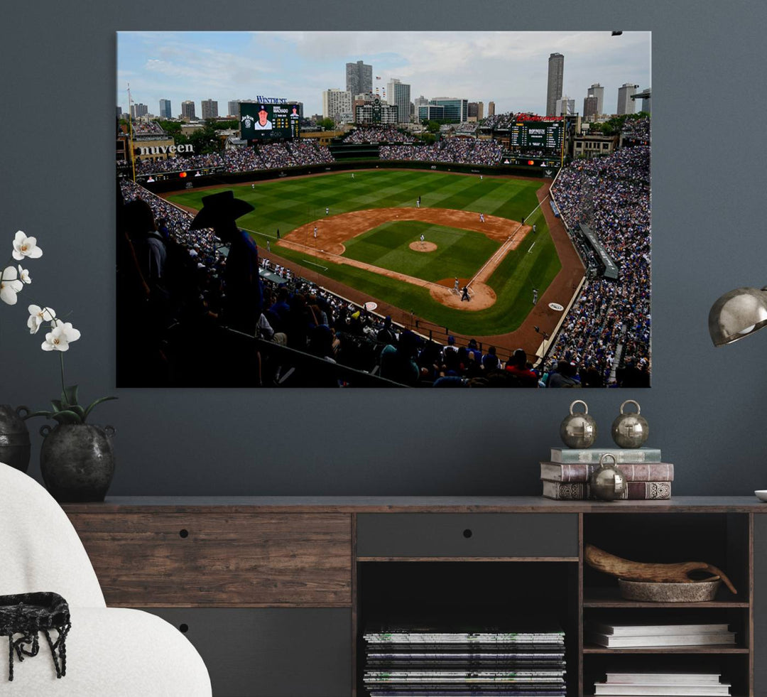 Admire this museum-quality canvas print of a Chicago Cubs game with a cityscape view from the stands at Wrigley Field.