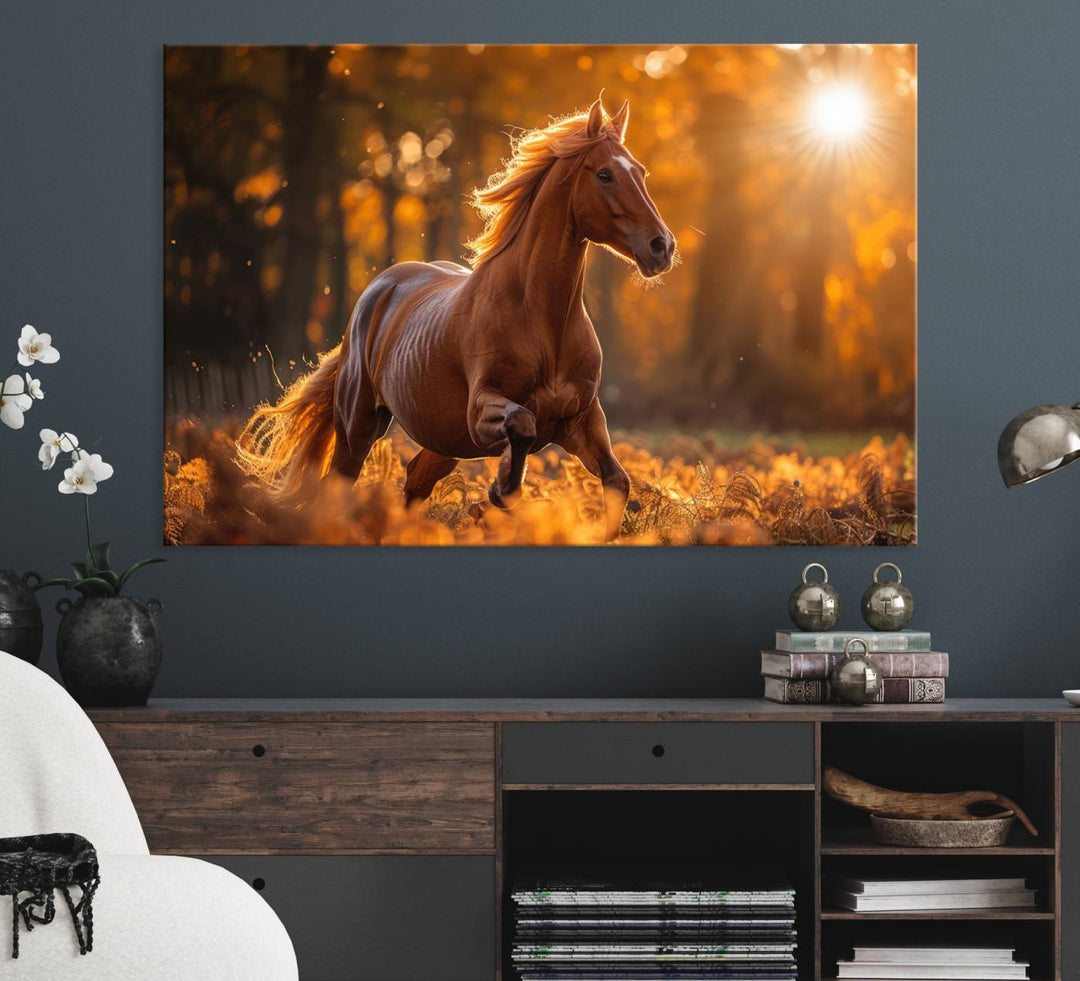 The Running Horse Sunset Forest Wall Art Canvas Print showcases a gallop in an autumn forest with sunlight streaming through the trees.