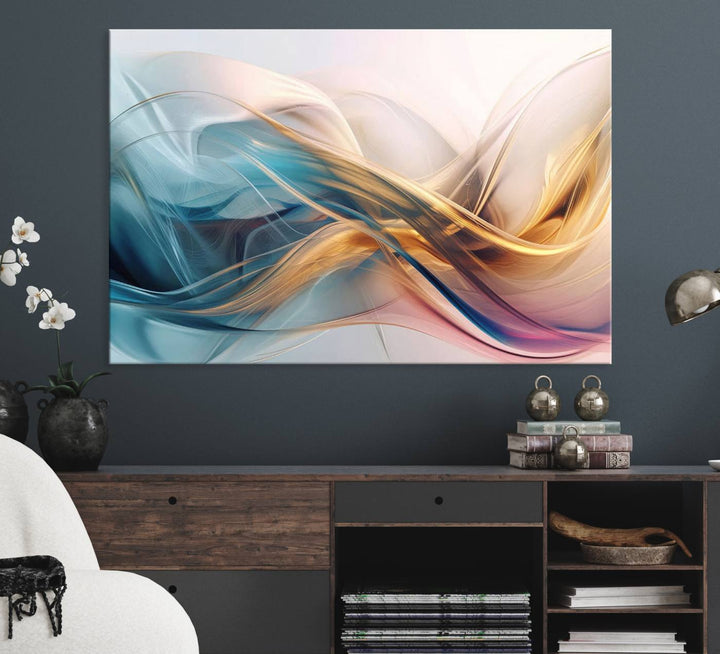 Abstract Flowing Colors Wall Art featuring blue, gold, and pink adds modern elegance to the space.