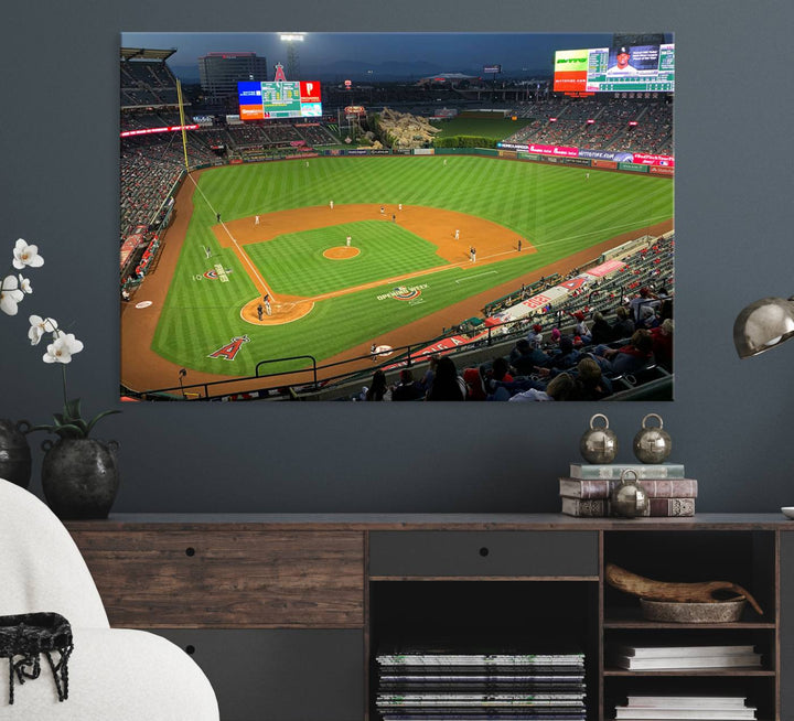 The Angel Stadium Aerial View canvas print of an Angels baseball game is showcased.