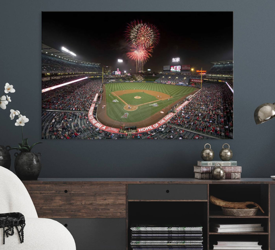 Fireworks at Angel Stadium – LA Angels Night Game Canvas Print, framed and ready to hang.