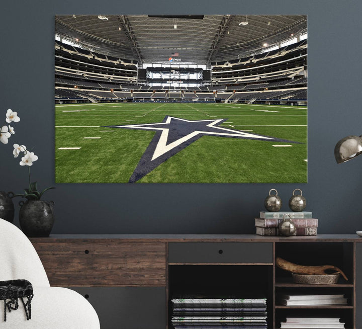 AT&T Stadium Dallas Cowboys Canvas Print displayed above a dining table.