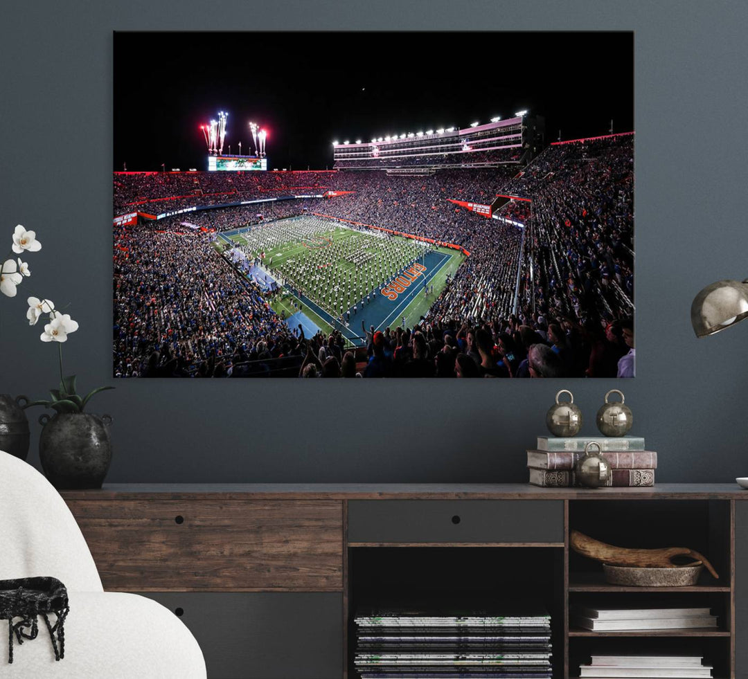 The Gators Night Game Canvas Art captures a lively night at Ben Hill Griffin Stadium with vibrant fireworks and the energy of a live band.