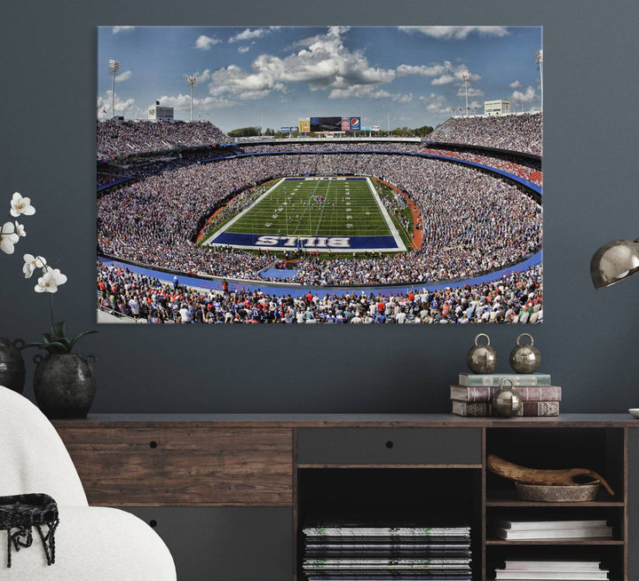 Our Buffalo Bills Game Day Canvas captures a vibrant scene at Highmark Stadium, with a lively crowd under a partly cloudy sky.