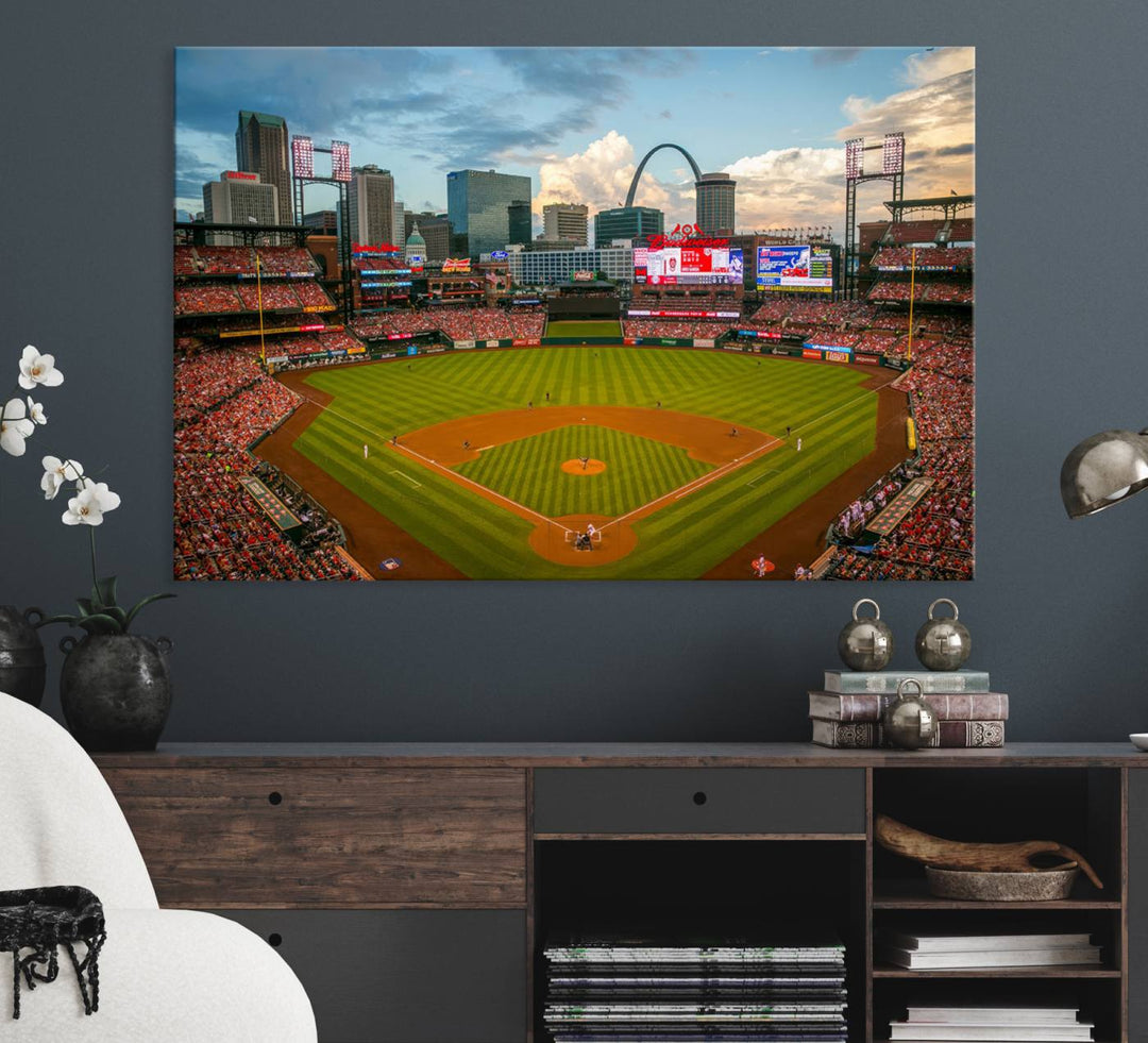 A Busch Stadium canvas print featuring a cityscape, ideal for enhancing living room or man cave sports decor.