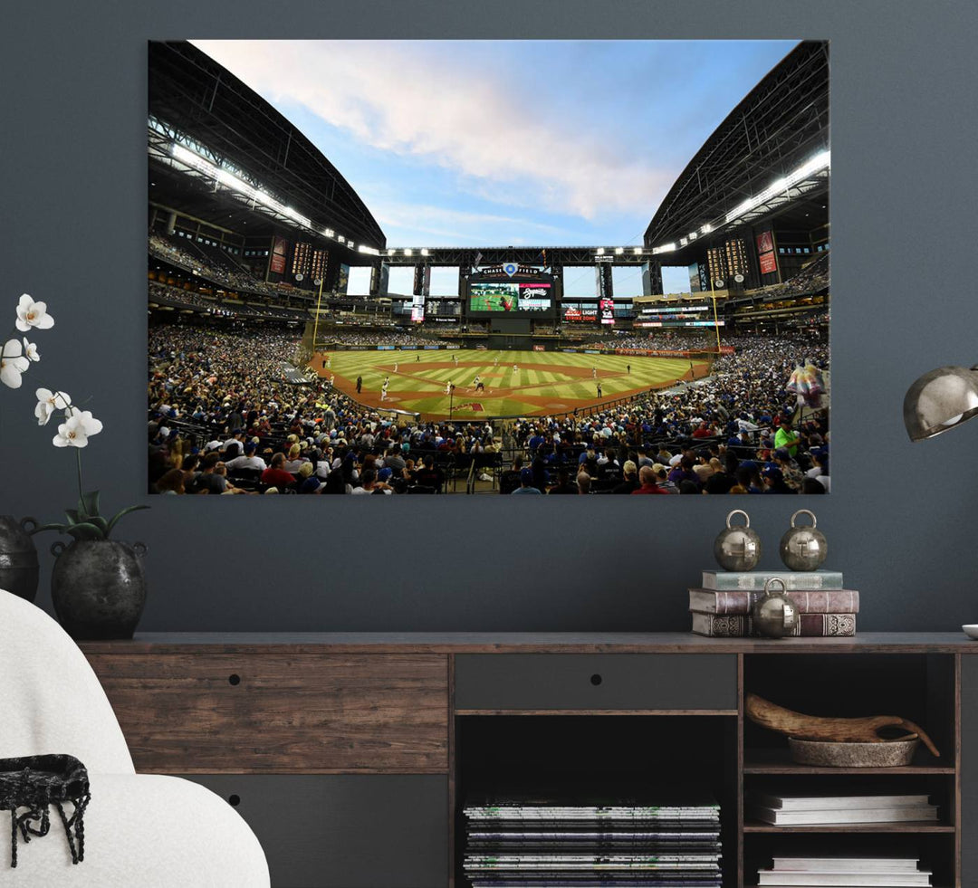 The wall art is an Arizona Diamondbacks Baseball Print depicting a packed Chase Field Stadium under a clear blue sky.