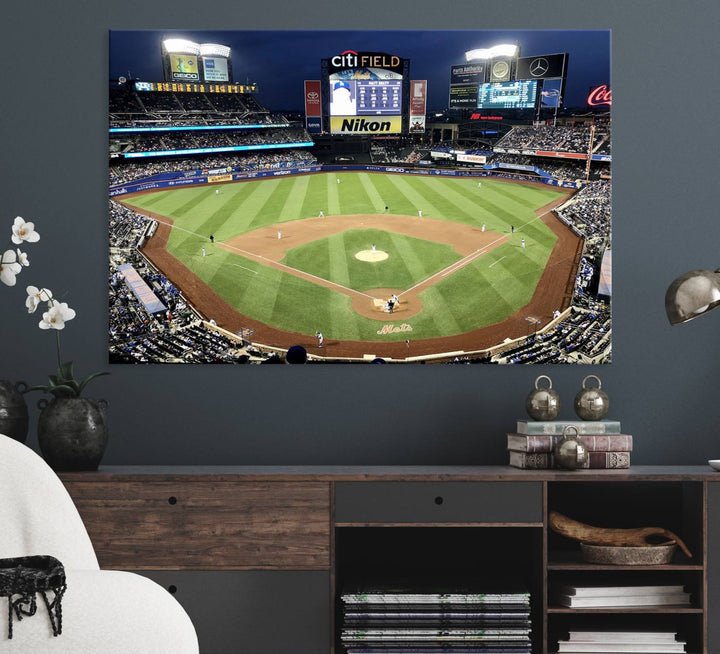 The wall is adorned with a 3-panel Citi Field Wall Art Print, framed for sports-themed decor.