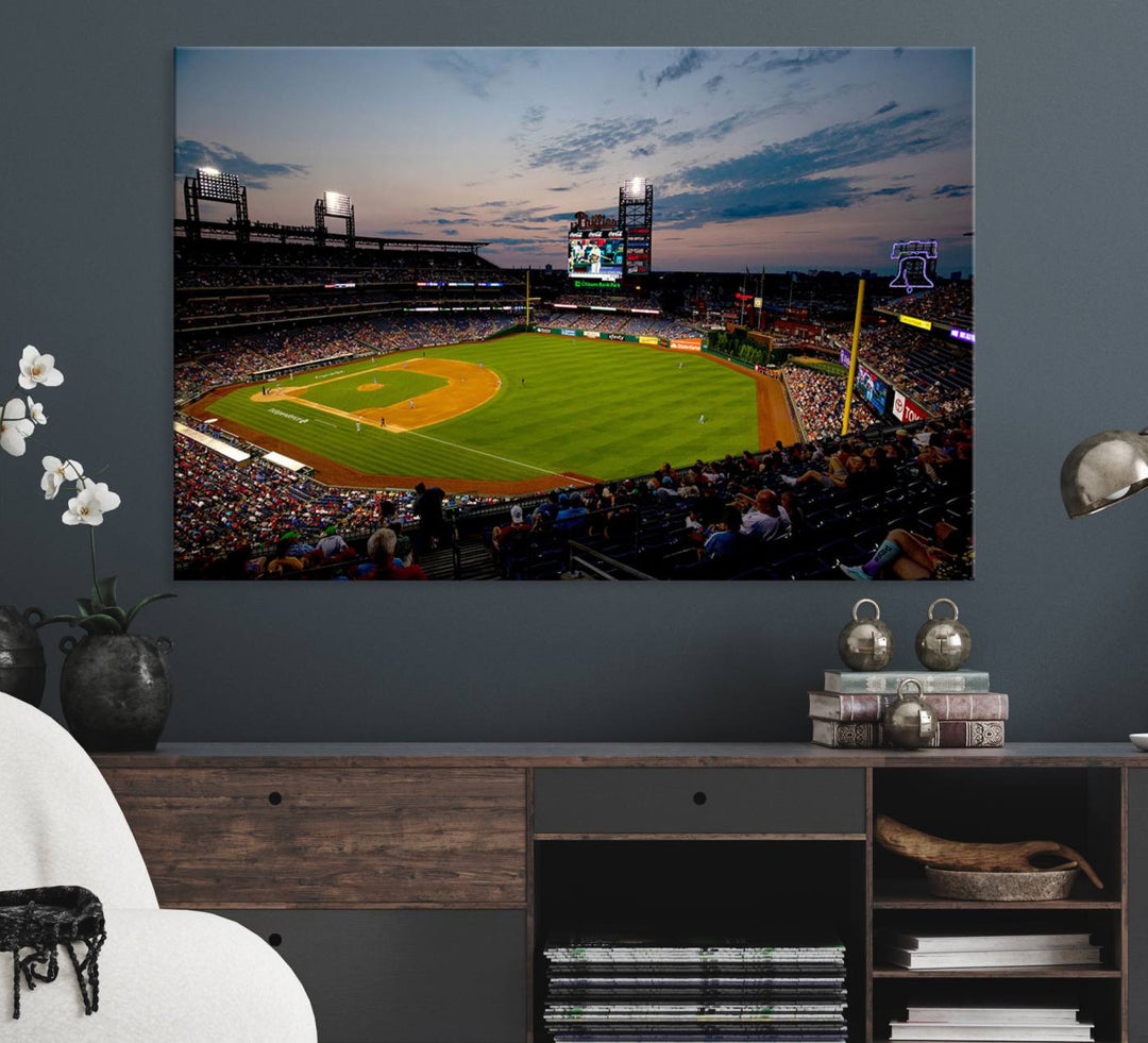 A wall art piece depicting the Philadelphia Phillies Citizens Bank Park Stadium at dusk.