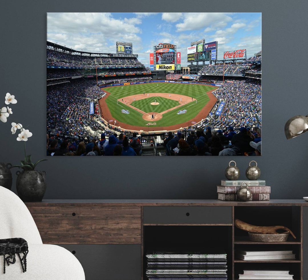 A wall art piece featuring a New York Mets Baseball Team print of Citi Field during a thrilling game under a blue sky.