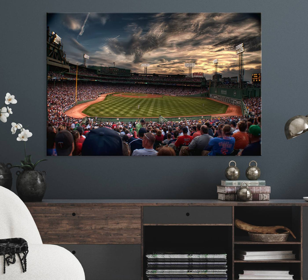 Boston Red Sox canvas print of Fenway Park at sunset, ideal for sports fans.