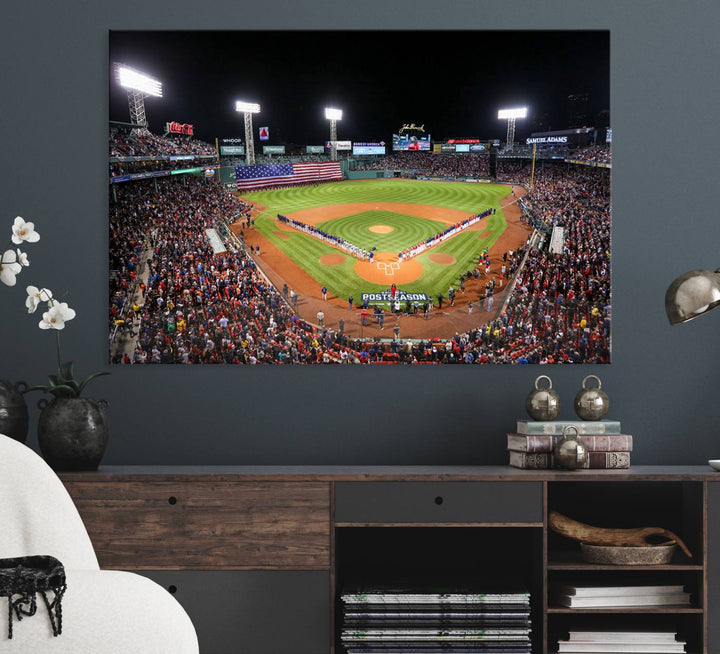 The Fenway Park Wall Art Canvas Print showcases a stunning aerial view of Bostons iconic ballpark at night, making it an ideal piece for any Red Sox enthusiast.