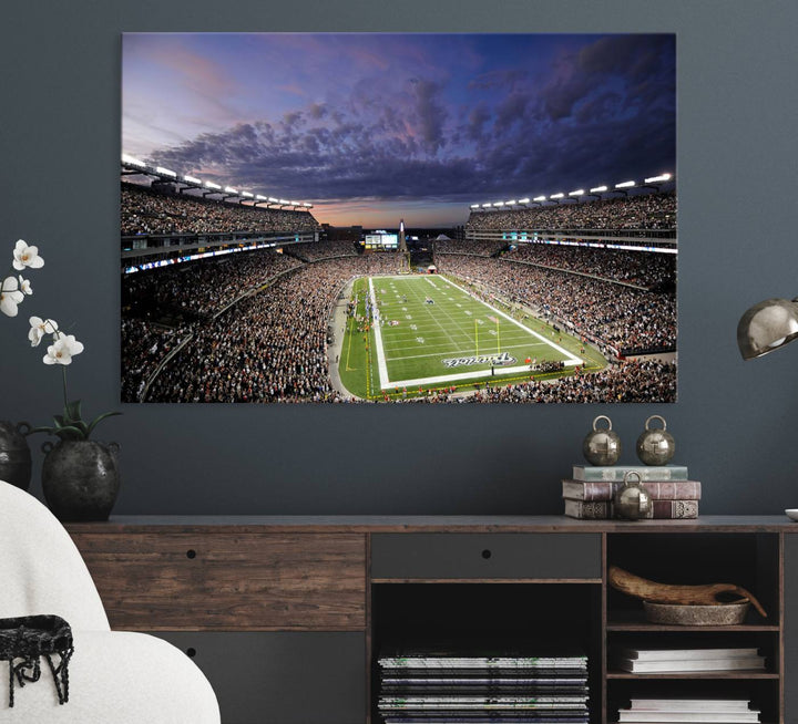 A large New England Patriots Foxborough Gillette Stadium wall art canvas print at sunset.