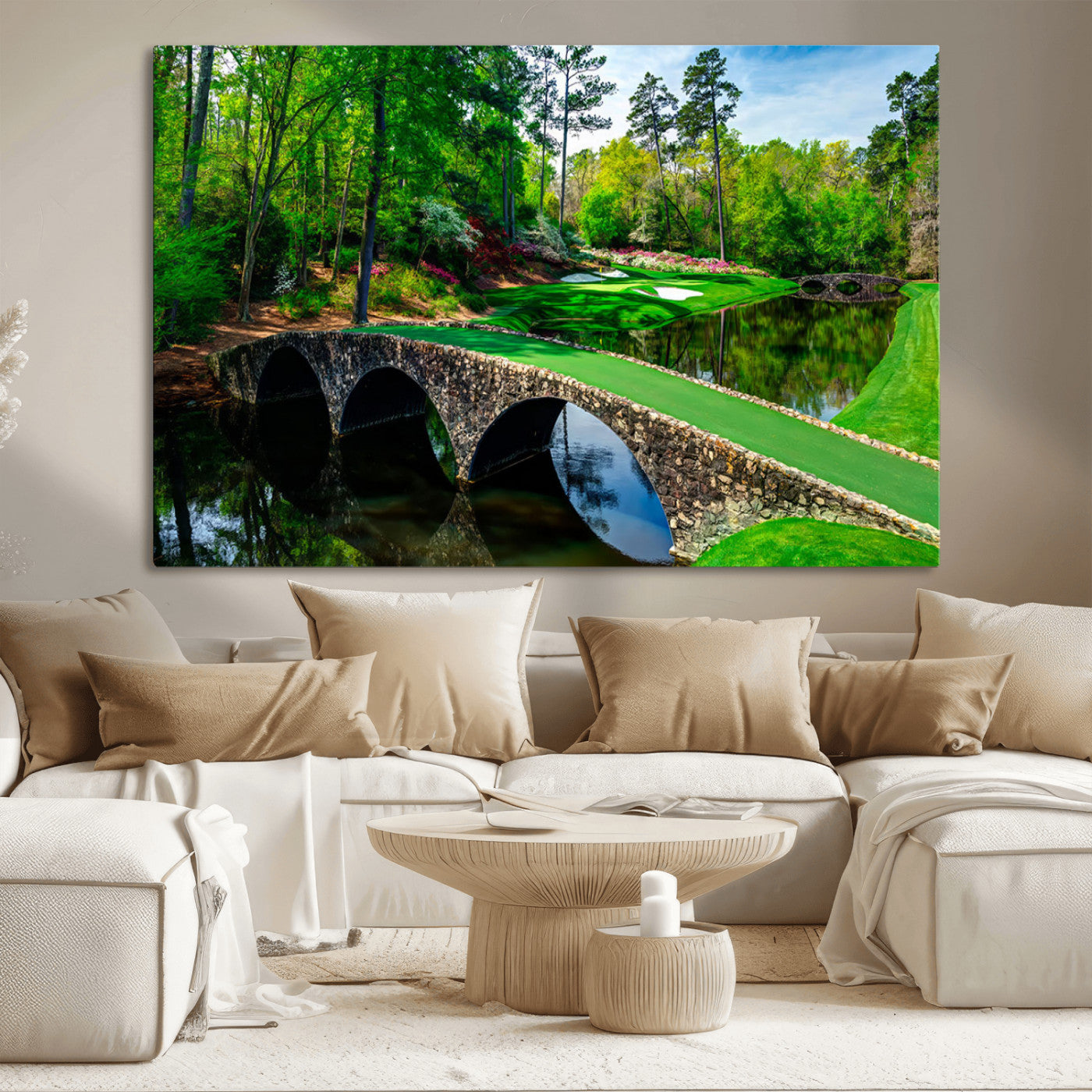 MGV-CV-36X24 - Augusta National Golf Club Wall Art - Panoramic Bridge & Lush Greenery – Premium Framed, Ready-to-Hang Triptych Canvas