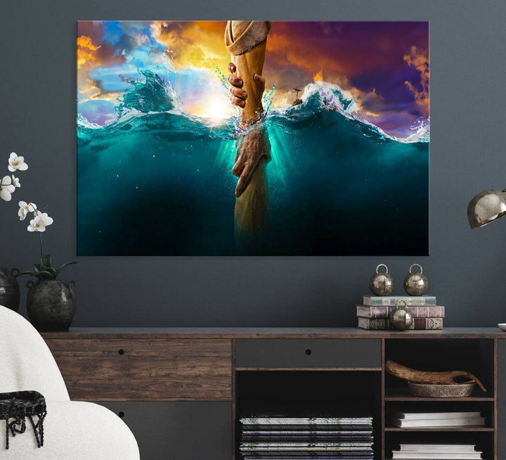 The God Hand Wall Art Canvas Print depicts hands reaching through water against a vibrant sky.