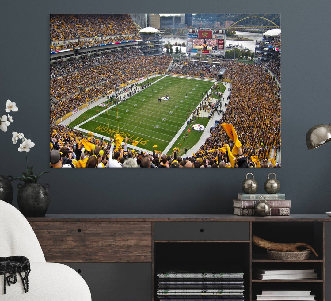 Heinz Field wall art and a cityscape serve as the backdrop.