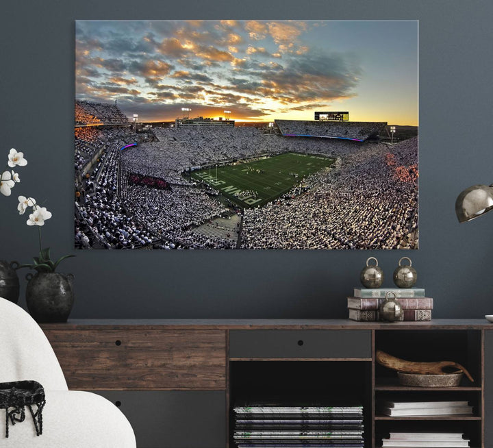 Enhance your dining area with team spirit by mounting the Beaver Stadium Wall Art, capturing sunsets in elegant style.