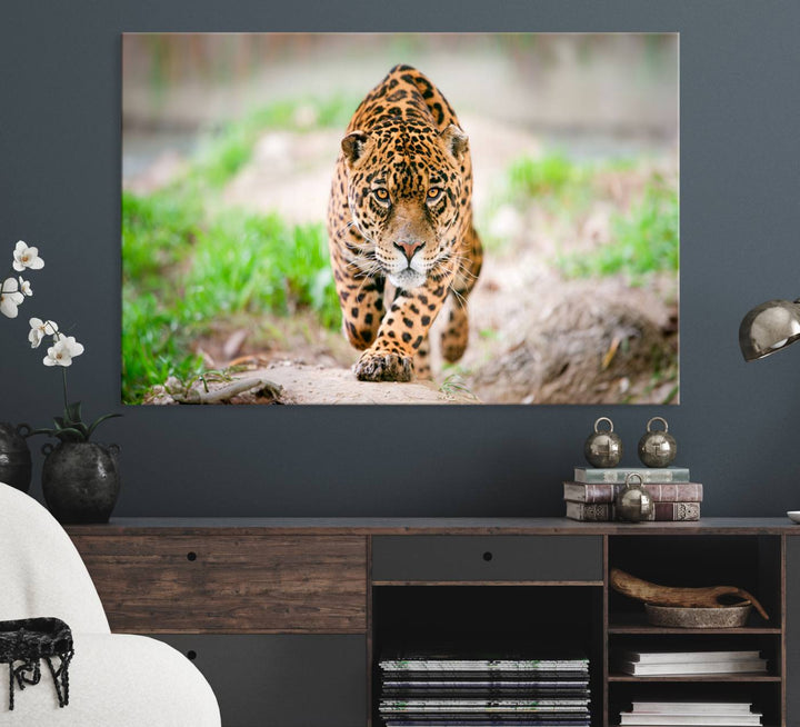 Leopard on the Prowl is a large canvas showcasing a captivating scene.