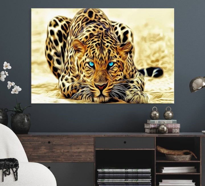 The Blue-Eyed Leopard Canvas Wall Art features a fierce and captivating design, perfect for wildlife enthusiasts. Its bold imagery makes it a striking decor piece, ready to hang.