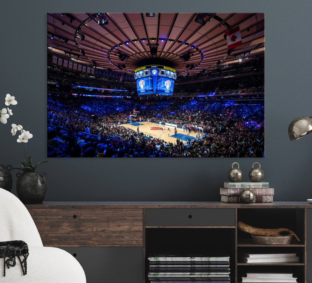 A print depicting an NBA game at Madison Square Garden, highlighting the scoreboard.