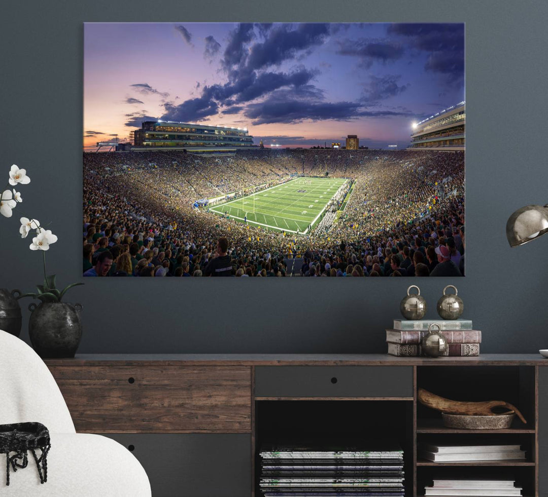 As the sun sets, a stunning backdrop highlights the Notre Dame Fighting Irish Football Team Print.