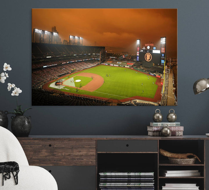 A canvas depicting an Oracle Park game with an orange sky, from SF Giants Stadium Wall Art.