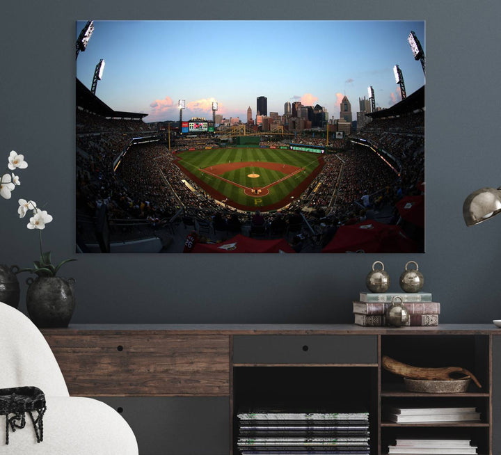 The PNC Park Evening Game Canvas, featuring a skyline backdrop, is displayed on the wall.