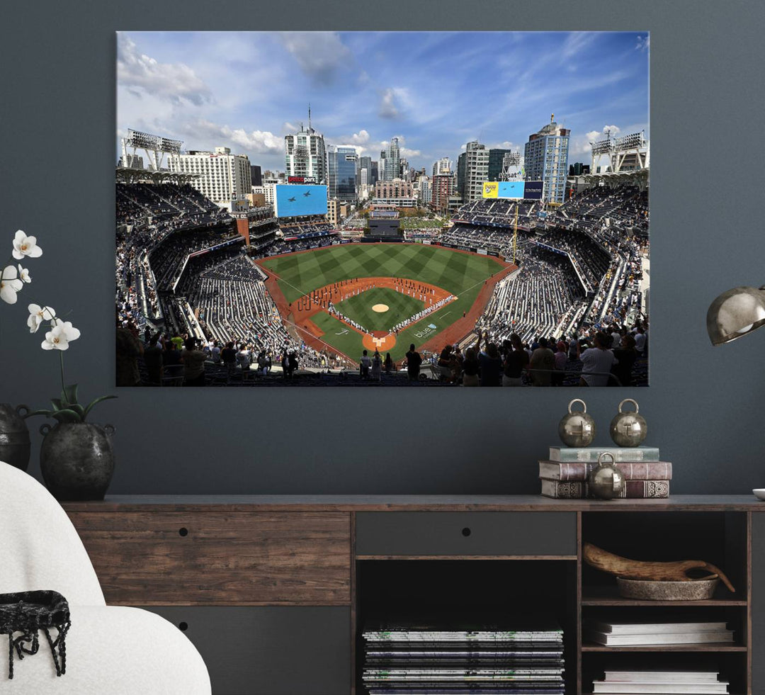 The San Diego Padres Baseball Canvas Print of Petco Park enhances the modern kitchen-dining area.