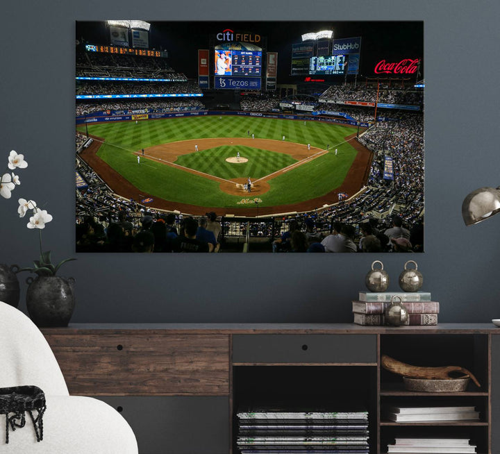 A print of the Oakland Athletics game at RingCentral Coliseum hangs on the wall.