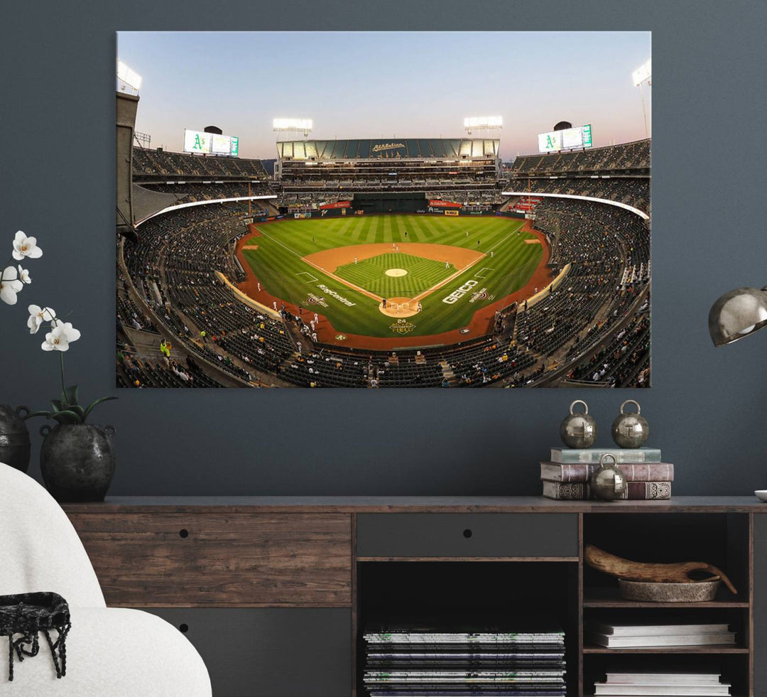 Oakland Athletics wall art canvas featuring the interior of RingCentral Coliseum Stadium.