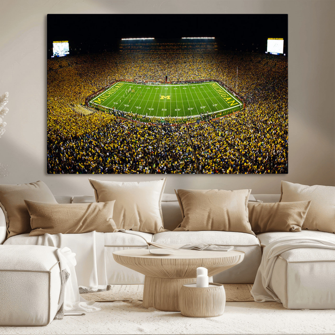 MGV-CV-36X24 - Michigan Wolverines Football Team Print - Michigan Stadium Night Game Triple Canvas Wall Art - University of Michigan Football Match