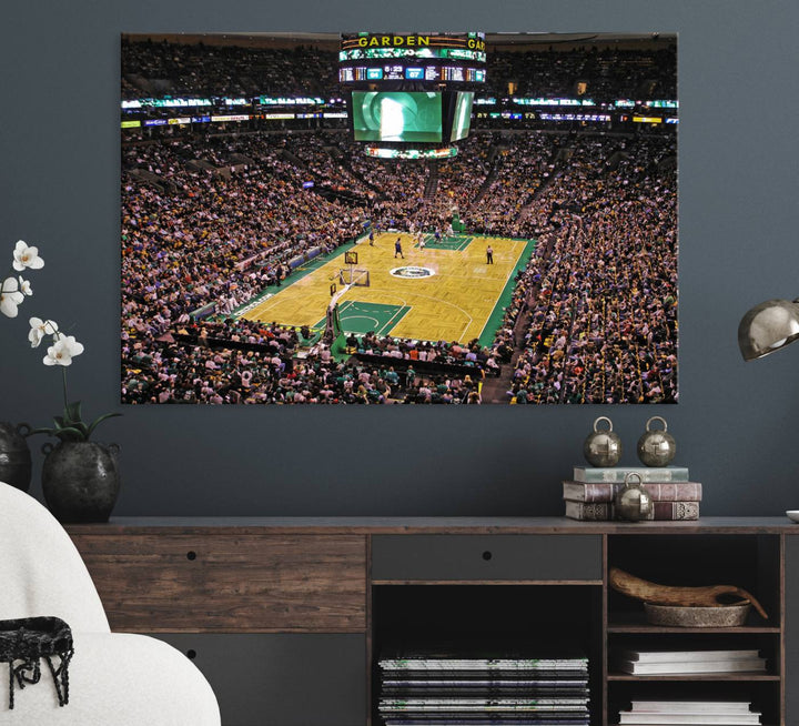 A vibrant depiction of a TD Garden basketball game is beautifully captured in the Boston Celtics Triple Canvas Wall Art, which comes framed and ready to hang.