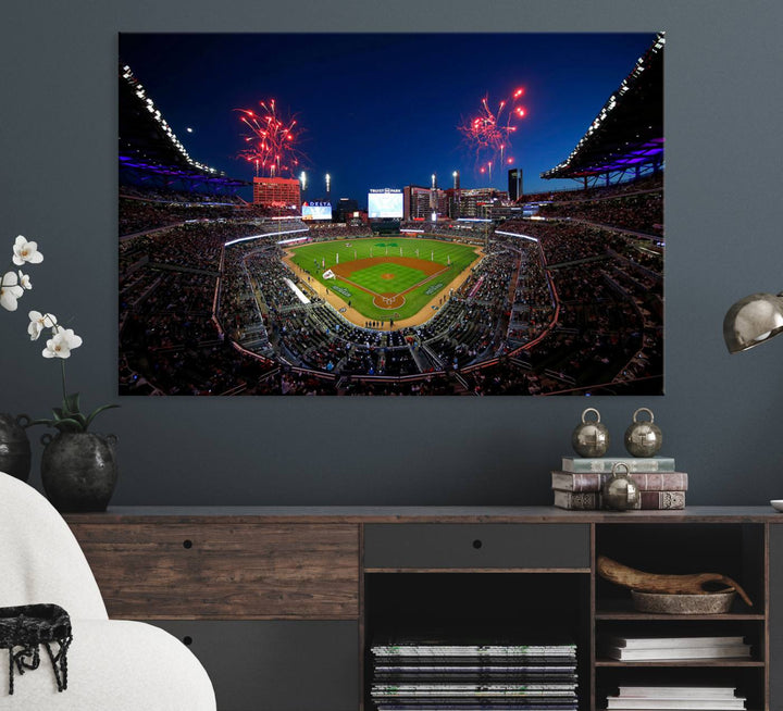 Truist Park wall art: fireworks over a Braves crowd, a large 3-panel canvas, framed and ready-to-hang.