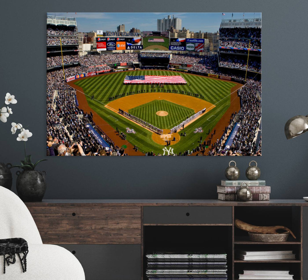 The Yankee Stadium New York wall art print features a vibrant scene of baseball fans with a large flag and players, expertly capturing the spirit of the game. This ready-to-hang décor is perfect for adding a dynamic touch to any space.