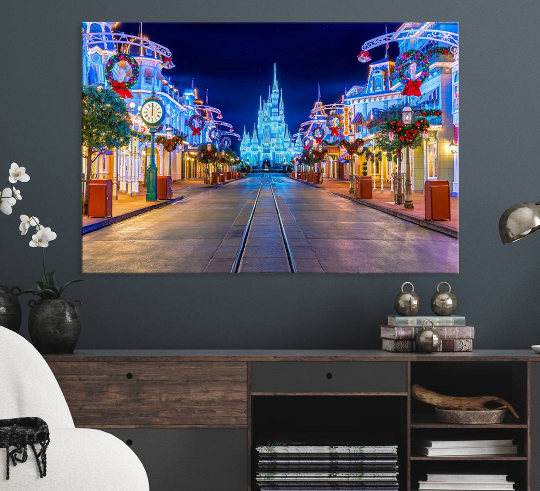 Disney wall art featuring a fantasy castle street at night.