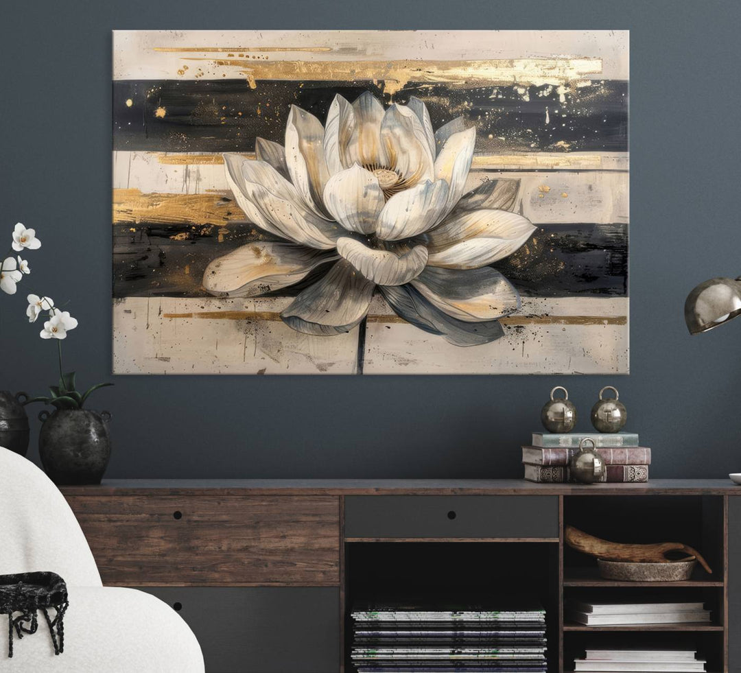 The wall is adorned with an Abstract Lotus Flower Wall Art Canvas Print.