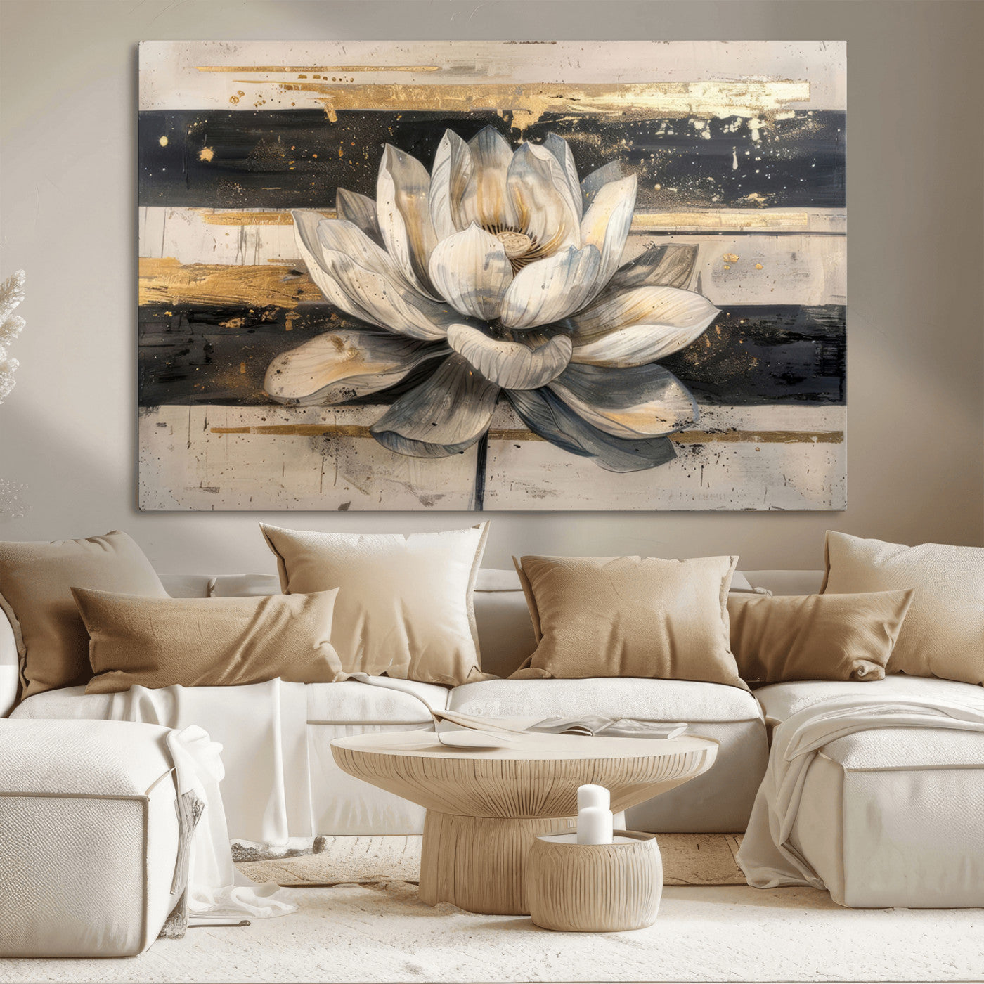 MGV-CV-36X24 - Lotus Flower Wall Art Canvas Print, Framed Abstract Lotus Art Picture Print, White Lotus Flower Perfect Abstract Floral Decor Artwork