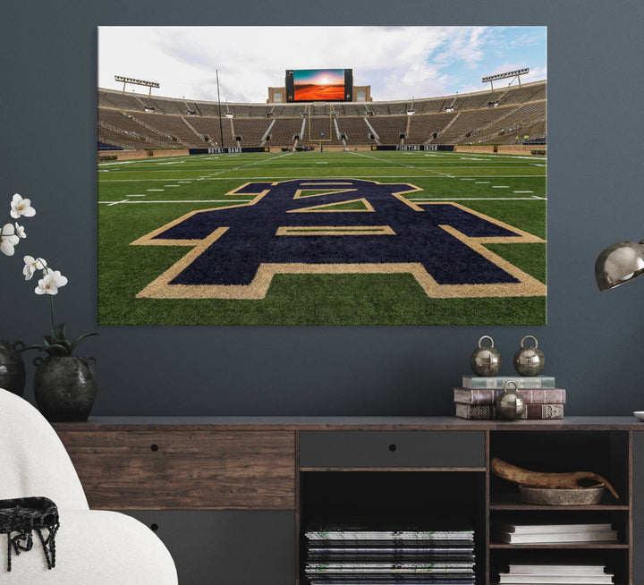 Notre Dame Stadium Triptych: This ready-to-hang giclee canvas print features a vibrant depiction of the football field adorned with an A logo and a stunning sunset.