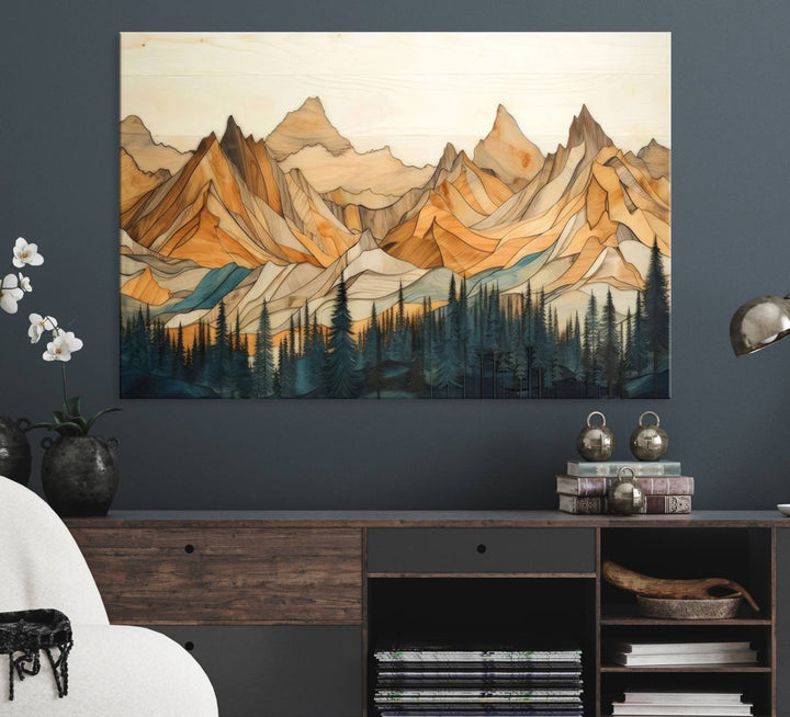 A triptych giclee print of mountains decorates the wall above the counter.