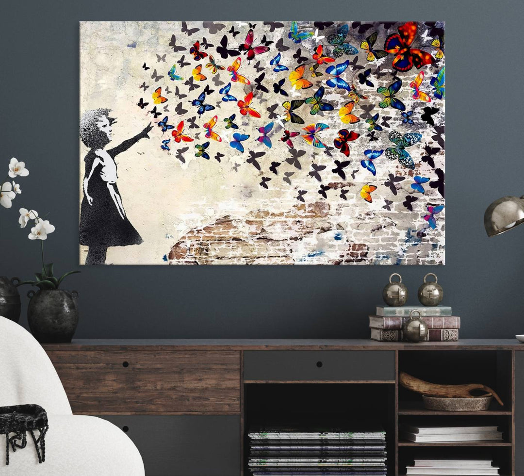 Banksy Canvas: Girl Releasing Vibrant Butterflies, Ready to Hang.