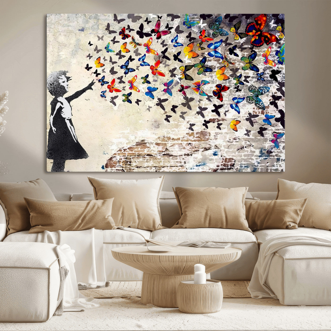 MGV-CV-36X24 - Banksy Graffiti Wall Art Canvas Print: Girl Releasing Vibrant Butterflies – Ready to Hang