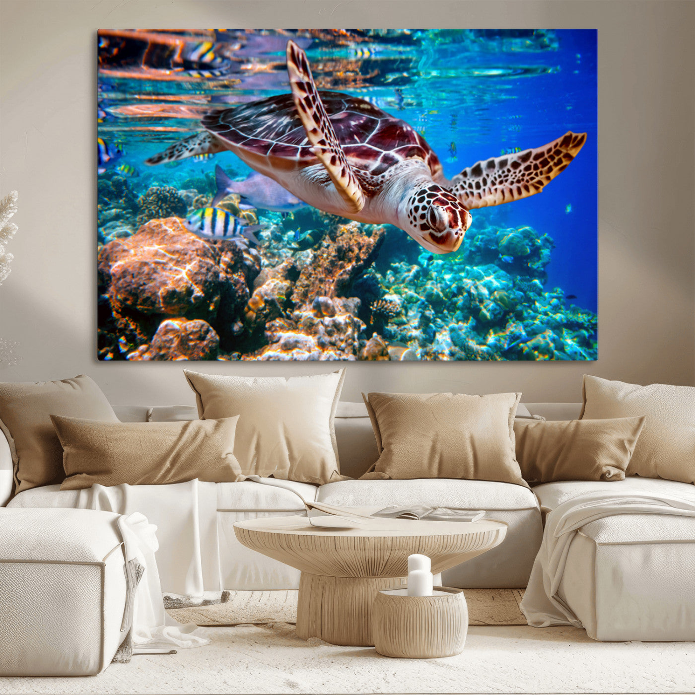 MGV-CV-36X24 - Underwater Coral Reef Sea Turtle Wall Art Canvas Print, Vibrant Marine Life | Colorful Ocean Scene